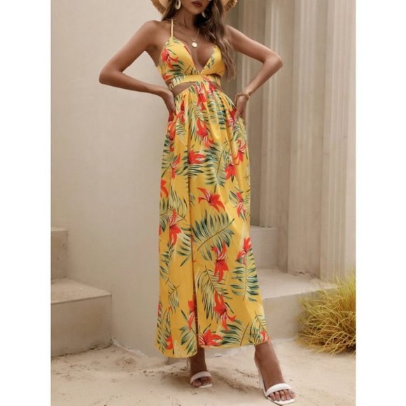 Tropical print thigh slit Maxi dress yellow - Picture 9 of 10